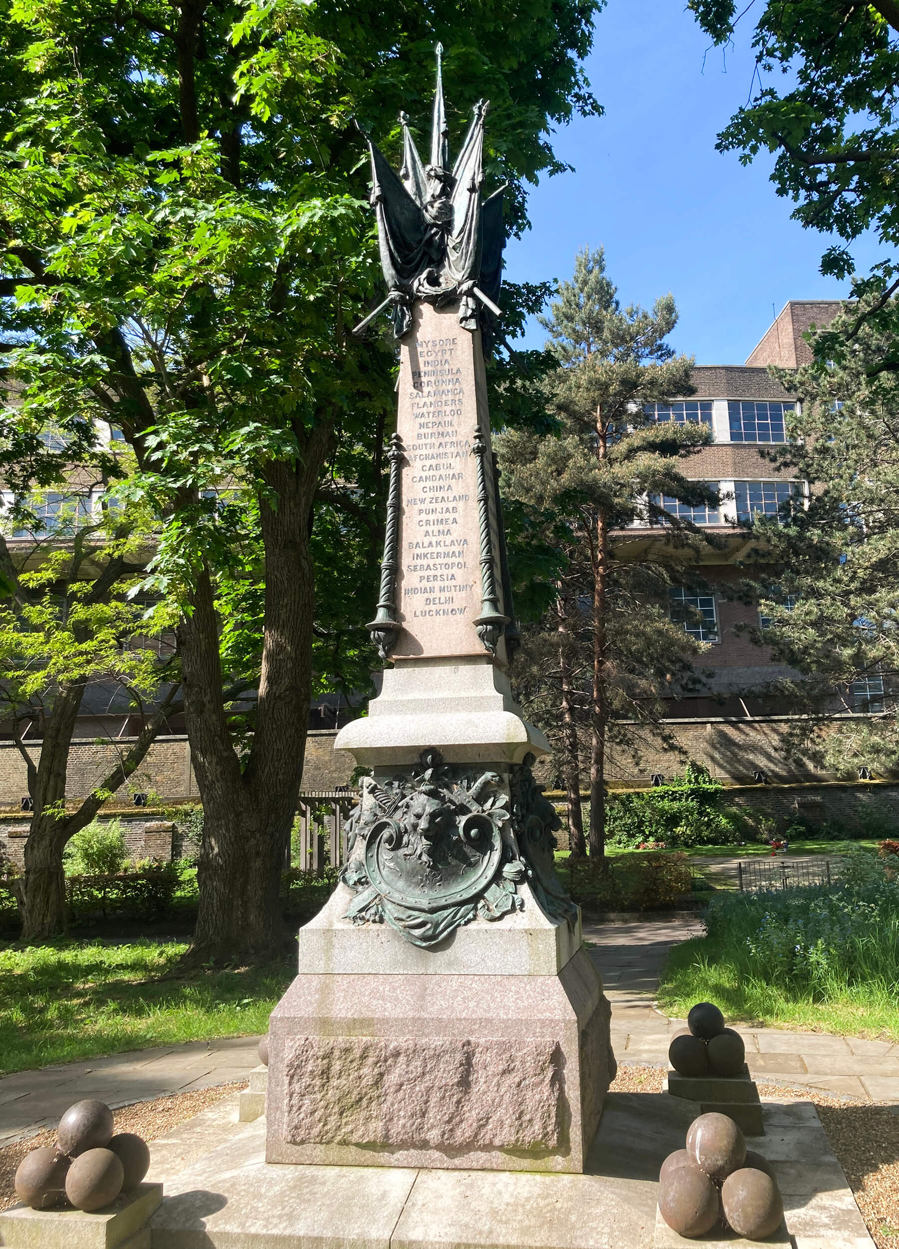 Brompton Cemetery’s memorial to the Chelsea Pensioners “erected on behalf of an admiring nation” features flags, cannon balls and bronze lion heads.