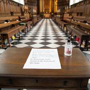 Wren Chapel at the Royal Hospital with table at entrance with hand sanitizer
